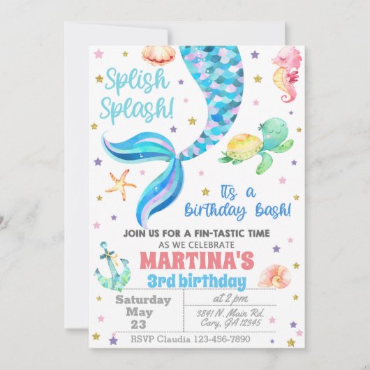 Invitación Mermaid birthday invitation, sea turtle Einladung (Vorderseite)