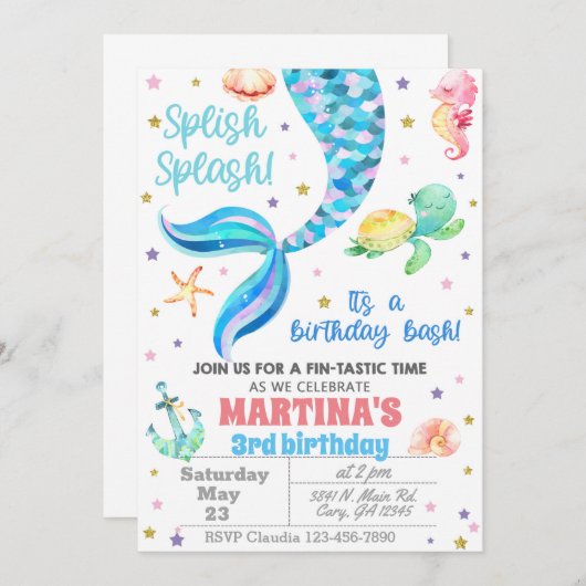 Invitación Mermaid birthday invitation, sea turtle Einladung (Vorne/Hinten)
