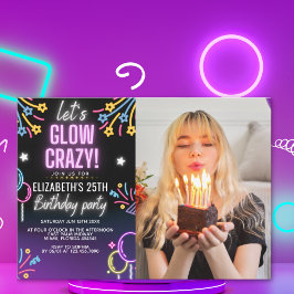 Invitación Neon Glow - Birthday Party with Photo Einladung