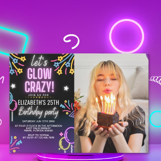 Invitación Neon Glow - Birthday Party with Photo Einladung