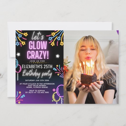 Invitación Neon Glow - Birthday Party with Photo Einladung (Vorderseite)
