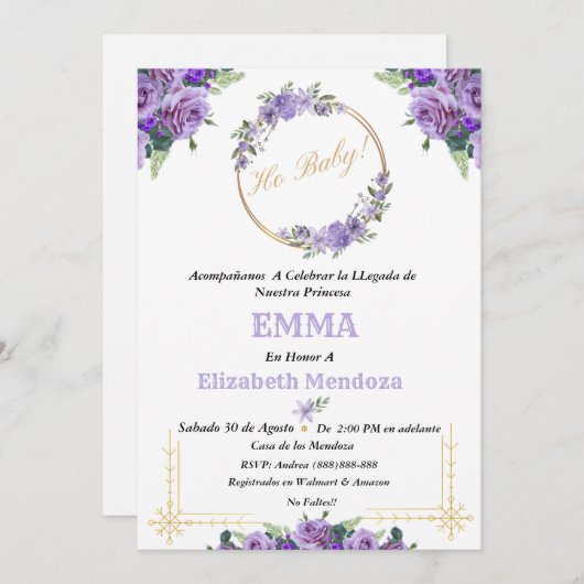 invitacion para Baby Shower con Flores purpura Einladung (Vorne/Hinten)