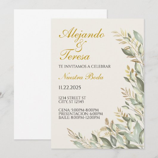 Invitacion Para Evento Verde Con Dorado (Vorne/Hinten)