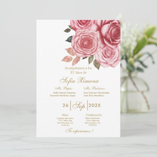 Invitación para xv años con flor rosa einladung (Stehend Vorderseite)