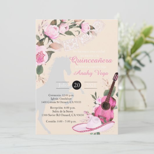 Invitación Pink de Charro Mariachi en Oro  Einladung (Stehend Vorderseite)