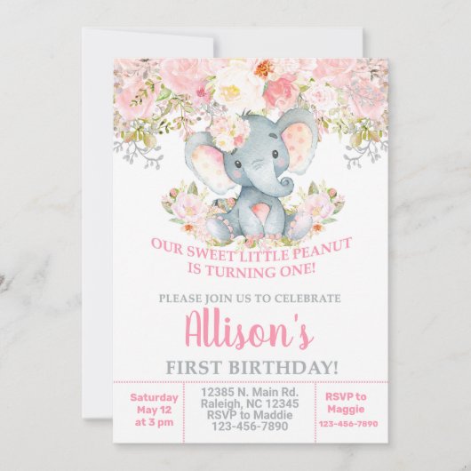 Invitación Pink Elefant und Blume Mädchen Geburtst Einladung (Vorderseite)