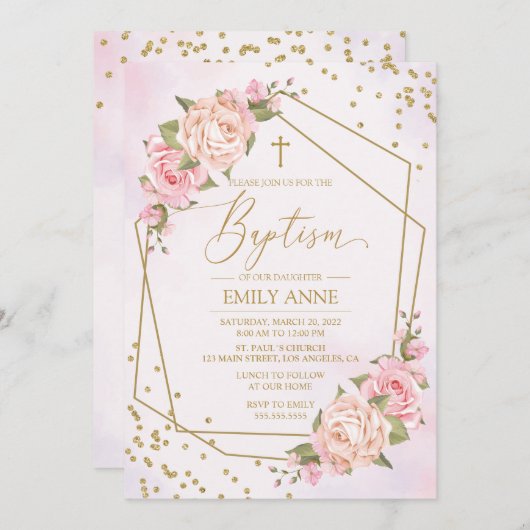 Invitación Pink Floral Baptism Invitation Einladung (Vorne/Hinten)