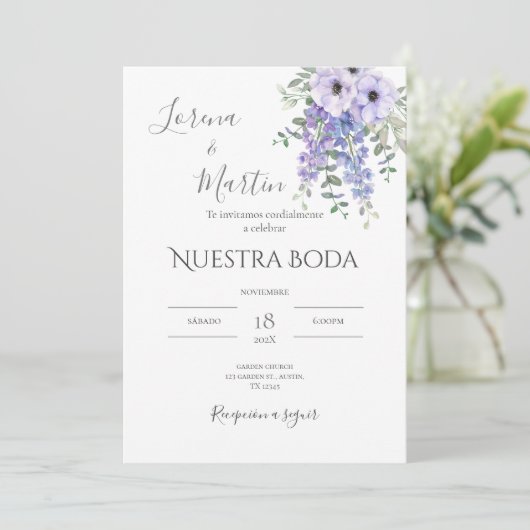 Invitación Purple Floral wedding invitation in Einladung (Stehend Vorderseite)