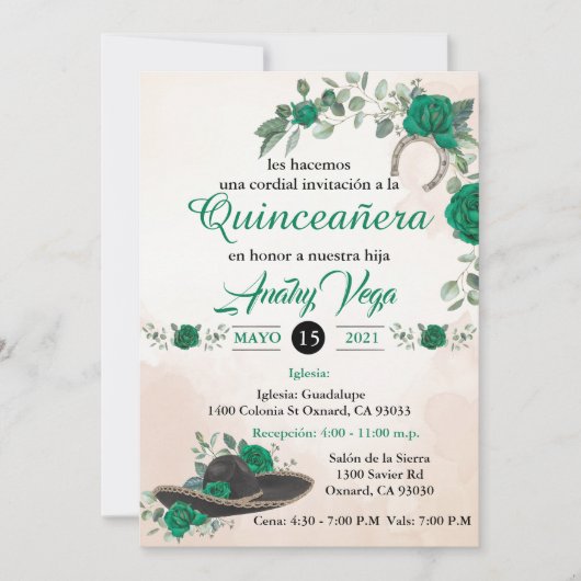 Invitación Quinceañera Charra Smarald grün Einladung (Vorderseite)