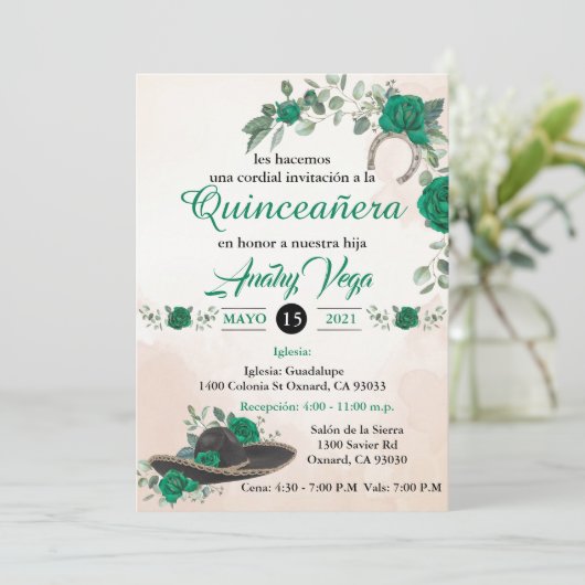 Invitación Quinceañera Charra Smarald grün Einladung (Stehend Vorderseite)