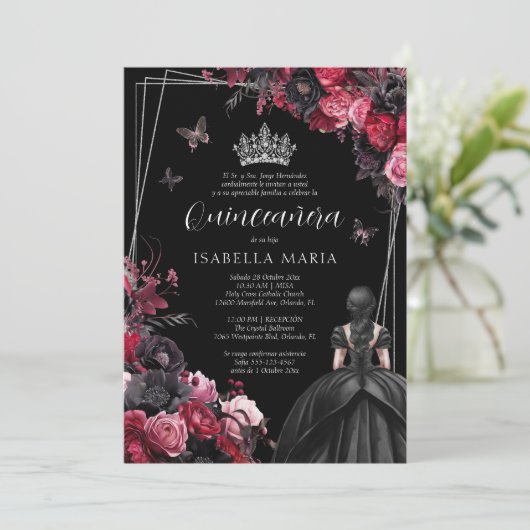 Invitación Quinceañera floral gótica rosada, roja Einladung (Stehend Vorderseite)