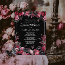 Invitación Quinceañera floral gótica rosada, roja