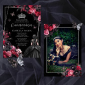 Invitación Quinceañera floral gótica rosada, roja Einladung