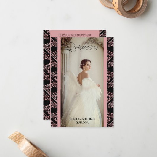 Invitación Quinceañera Foto Damasco Rosa Español Mitteilungskarte (Vorderseite/Rückseite Beispiel)