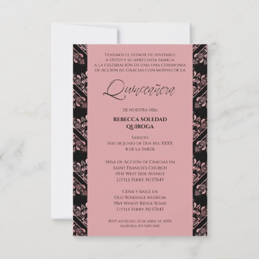 Invitación Quinceañera Foto Damasco Rosa Español Mitteilungskarte (Rückseite)