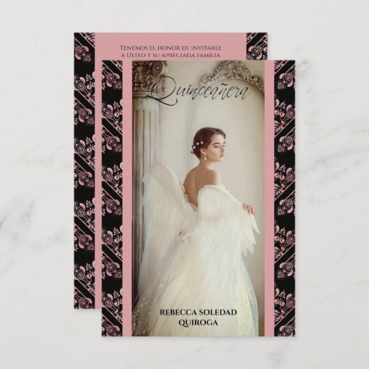 Invitación Quinceañera Foto Damasco Rosa Español Mitteilungskarte (Vorne/Hinten)