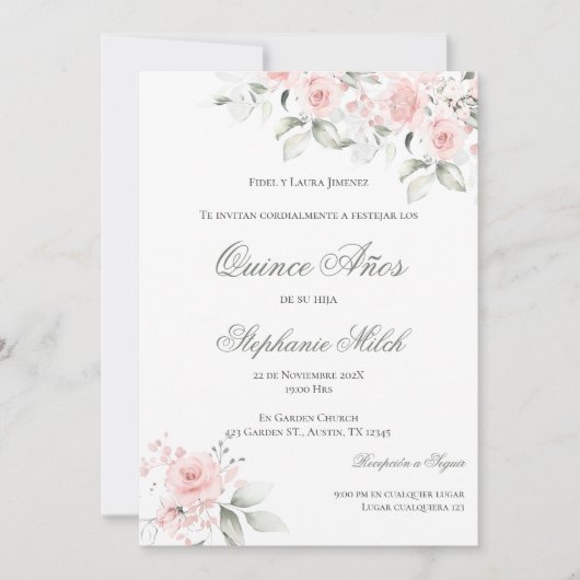 Invitación Spanish Quinceanera pink floral invite Einladung (Vorderseite)