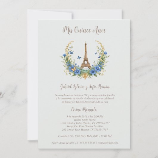 Invitación Spanish Quinceañera Romantic Eiffel Tow Einladung (Vorderseite)