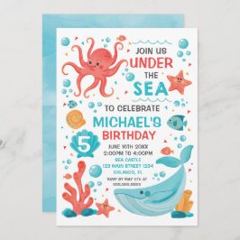 Invitación Under the Sea blue and coral birthday i Einladung