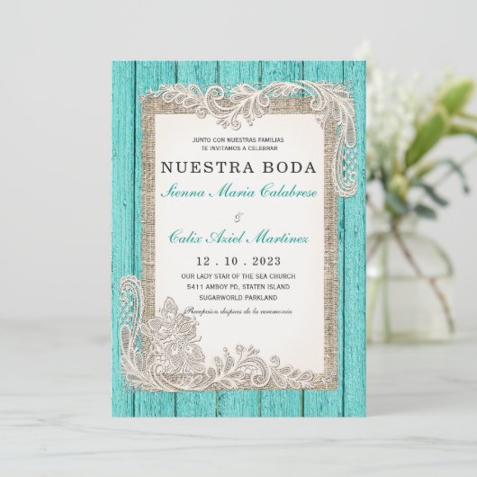 Invitaciones de Boda Rústicas Turquesa Einladung (Stehend Vorderseite)