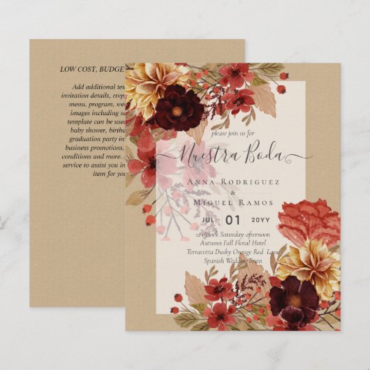 Invitaciones de Boda, spanisches Hochzeitbudget Fa (Vorne/Hinten)
