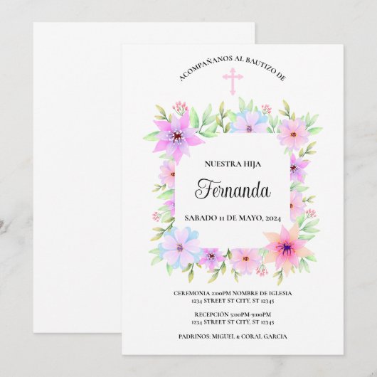 INVITACTION BAUTIZO FLORAL EINLADUNG (Vorne/Hinten)