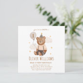 Invitation bear 1st birthday blue balloon (Stehend Vorderseite)