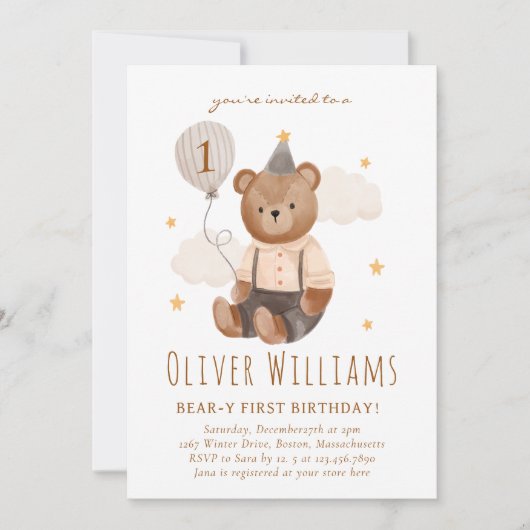 Invitation bear 1st birthday blue balloon einladung (Vorderseite)