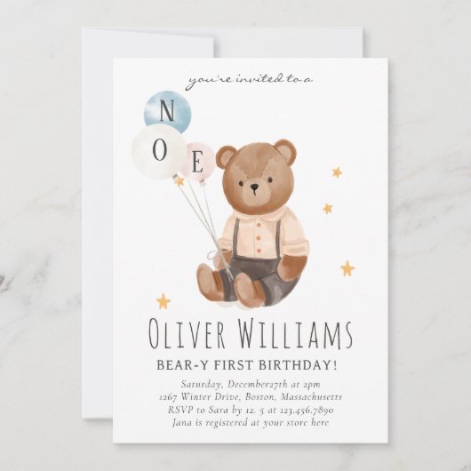 Invitation bear 1st birthday blue balloon einladung (Vorderseite)