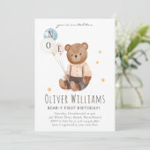Invitation bear 1st birthday blue balloon einladung (Stehend Vorderseite)