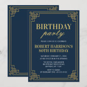 Invitation Birthday Party Navy Gold Art Deco 80th Einladung (Vorne/Hinten)
