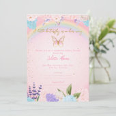 Invitation Butterflies Rainbow Flowers pink gold Einladung (Stehend Vorderseite)