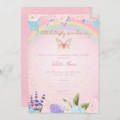 Invitation Butterflies Rainbow Flowers pink gold Einladung (Vorne/Hinten)
