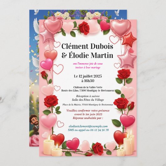 Invitation de Mariage Romantique aux Fleurs Einladung (Vorne/Hinten)