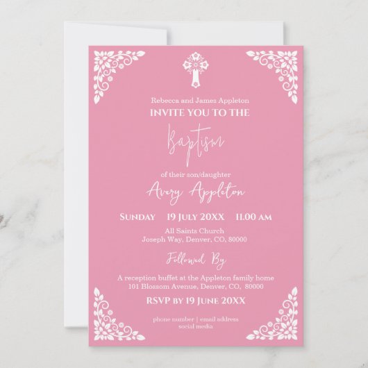 Invitation Floral Cross Baptism Rose Pink Einladung (Vorderseite)