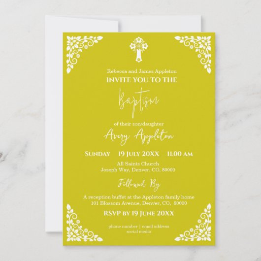 Invitation Floral Cross Baptism Yellow Einladung (Vorderseite)