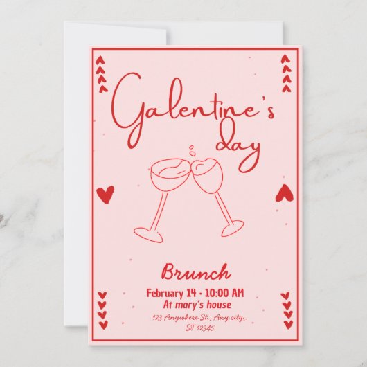 Invitation galentines day brunch red and pink einladung (Vorderseite)
