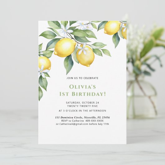 Invitation Lemon citrus 1st birthday. Einladung (Stehend Vorderseite)