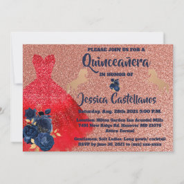 Invitation Red Gold Sparkle Dress Quinceañera Dankeskarte