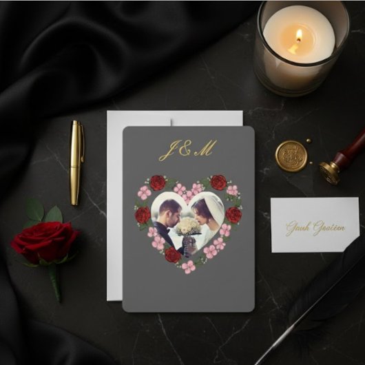Invitation Slate Grey Gold Rose Heart Wedding Einladung