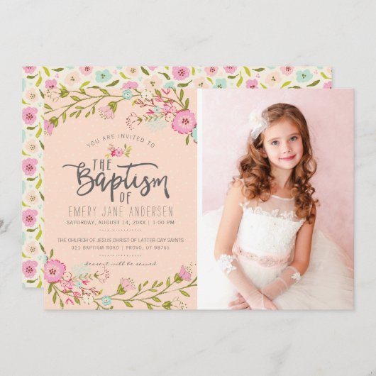 INVITATION VON LDS BAPTISM-FOTOS| Elegantes Rosa M Einladung (Vorne/Hinten)
