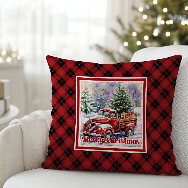 Inviting red truck winter scene rustic holiday   kissen (Inviting red truck winter scene rustic holiday Throw Pillow)