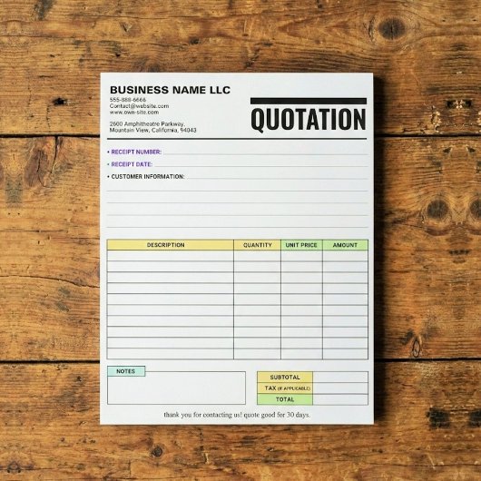 Invoice Form / Sales Receipt | Business Quotation Notizblock