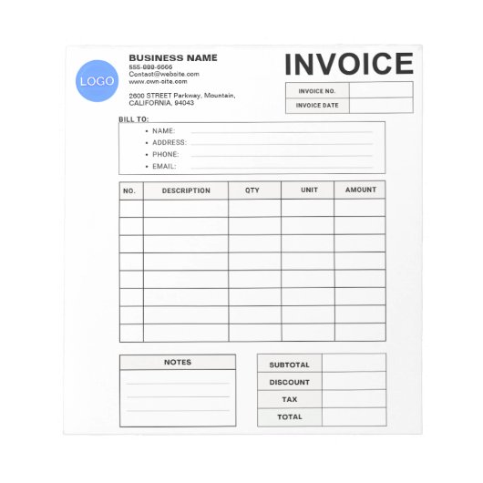 Invoice Order Form & Custom Small Business Logo Notizblock (Vorderseite)