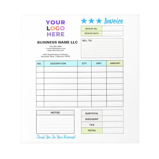 Invoice Sales Receipt Form | Custom Business Logo Notizblock (Vorderseite)