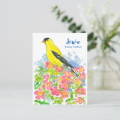 Iowa Eastern Goldfinch Pink Wilde Rose Postkarte (Stehend Vorderseite)