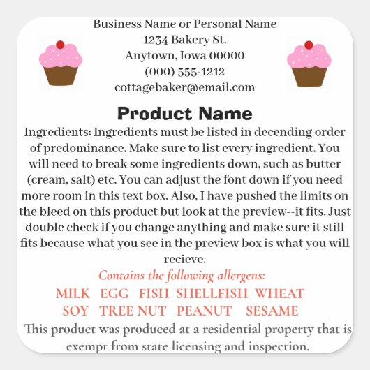 Iowa Hütte Food Law Label für Zuhause-Bäckerei Quadratischer Aufkleber (Vorderseite)