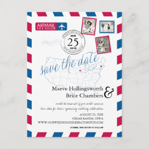 Iowa & Massachusetts Luftpost Save the Date Ankündigungspostkarte