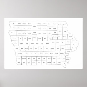 Iowa Staat-Karte mit Konturen und Namen von Landkr Poster
