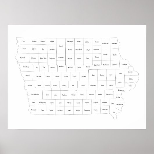 Iowa Staat-Karte mit Konturen und Namen von Landkr Poster (Vorne)